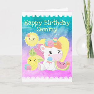 Carte Joli Kawaii Anniversaire de Licorne Tropicale d'Ét