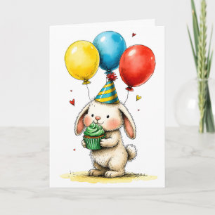 Carte Joli Lapin avec Joyeux Anniversaire Enfant Gâteau