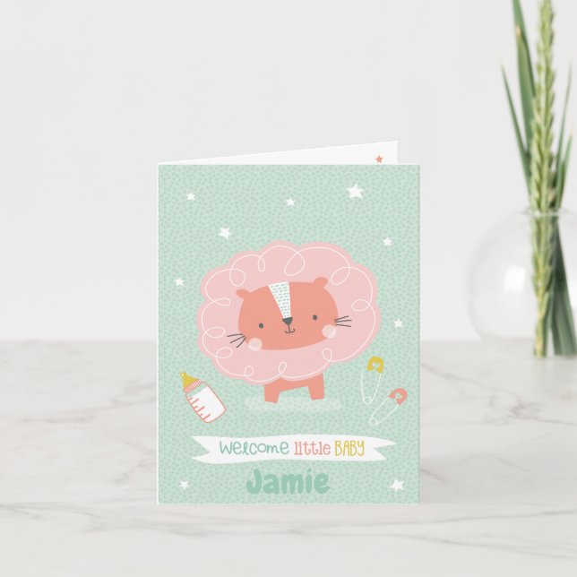 Carte Joli lion souhaite la bienvenue au petit bébé sur  (Devant)