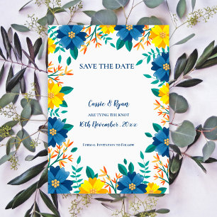Carte Joli mariage floral jaune bleu Enregistrer la date