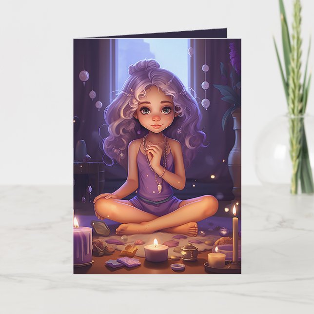 Carte Joli Méditer Yoga Girl Purple Gold Anniversaire (Devant)