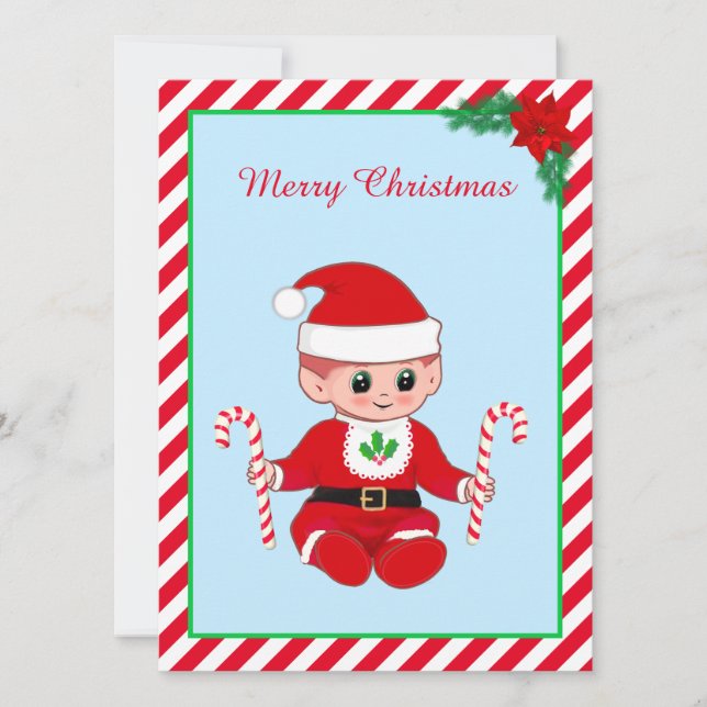 Carte Joli Noël Père Noël Baby Elf et Sucres de canne (Devant)