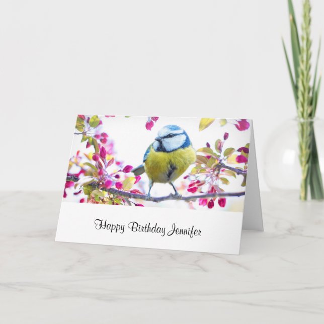 Carte Joli oiseau bleu et jaune sur une branche Annivers (Devant)