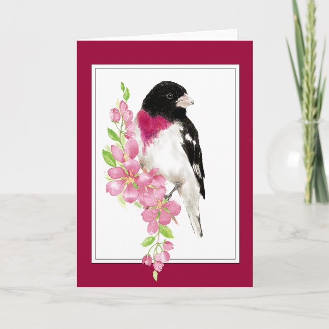 Carte Joli Oiseau Dit Bonjour, Grosbeak Rose Bonté (Devant)