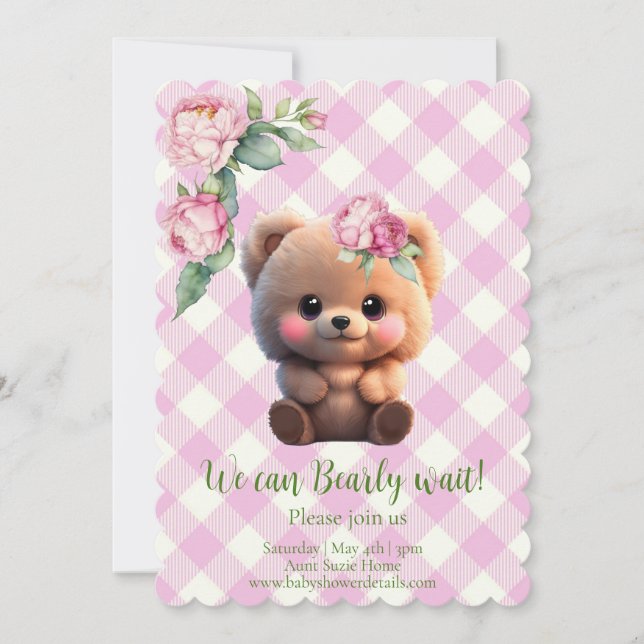 Carte Joli ours en peluche rose en vichy Baby shower fle (Devant)