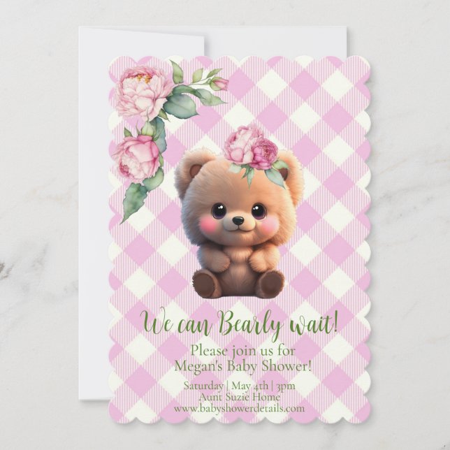 Carte Joli ours en peluche rose en vichy Baby shower fle (Devant)