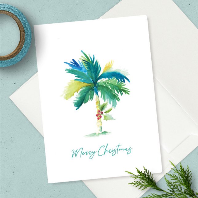 Carte Joli Palmier Tropical Aquarelle Plage Noël (This Florida beach Christmas card features unique watercolor art by Victoria Grigaliunas)