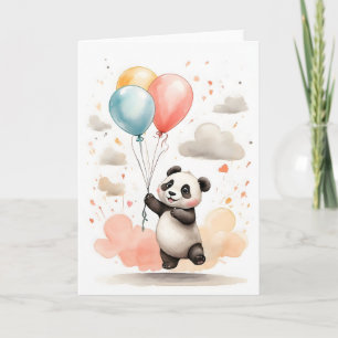 Carte Joli panda à l'aquarelle, ballons jaunes et bleus,