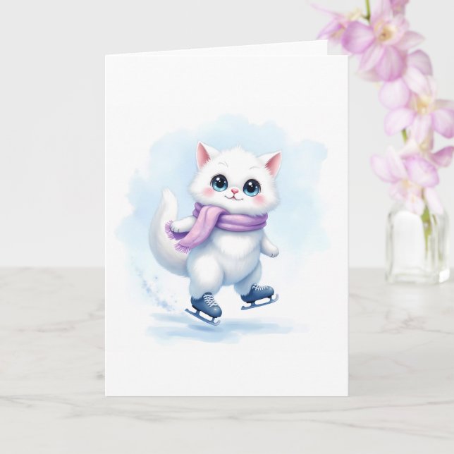 Carte Joli petit chaton blanc d'hiver patinage sur glace (Orchidée)