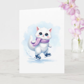 Carte Joli petit chaton blanc d'hiver patinage sur glace