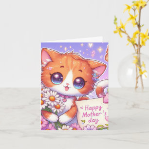 Carte Joli petit chaton orange avec des pâquerettes pour