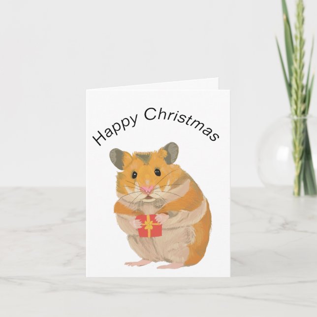 Carte Joli petit hamster de Noël tenant un cadeau   (Devant)