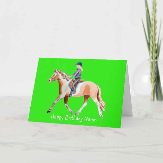 Carte Joli poney et cavalier trottant Anniversaire vert (Devant)