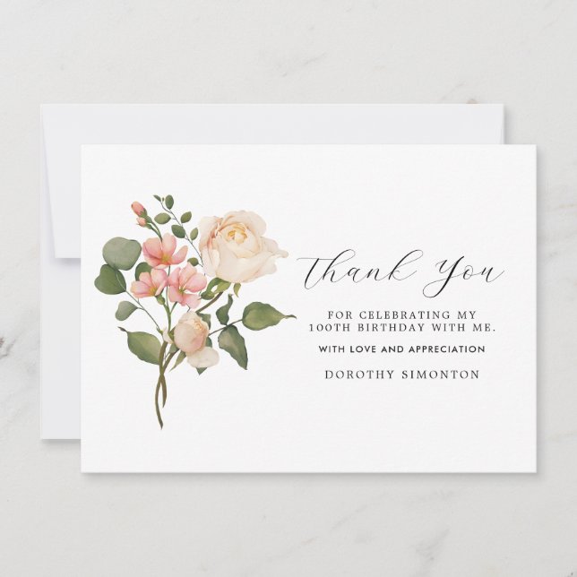 Carte Joli rose blanc floral 100e anniversaire Merci (Devant)