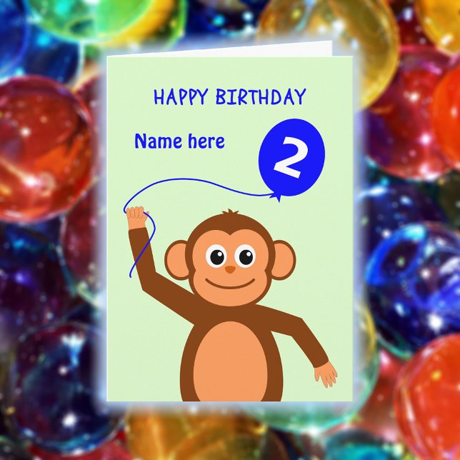 Carte Joli singe de 2e anniversaire ajouter nom bleu (Créateur téléchargé)