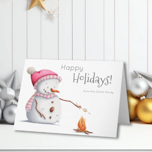 Carte Joli Snowman grillé Marshmallows Pink Holiday