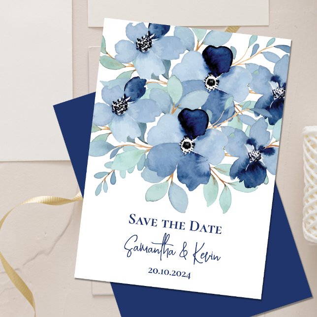 Carte Joli Stale Bleu Floral Mariage Enregistrer La Date (Pretty Stale Blue Floral Wedding Save The Date Invitation)