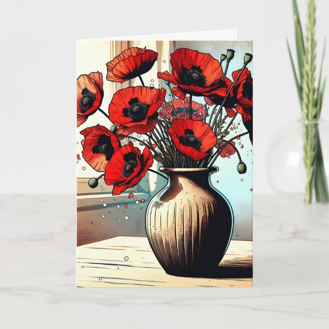 Carte Joli Vase de Poppies Rouges Penser à vous (Devant)