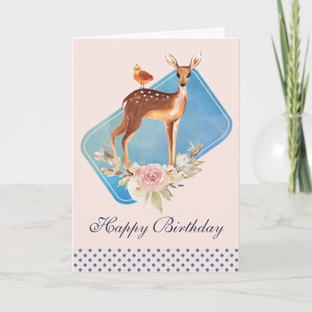 Carte Jolie Aquarelle Brown Cerf Anniversaire rustique (Devant)