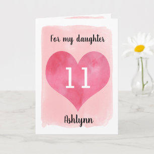 Carte Jolie aquarelle Coeur 11e anniversaire fille