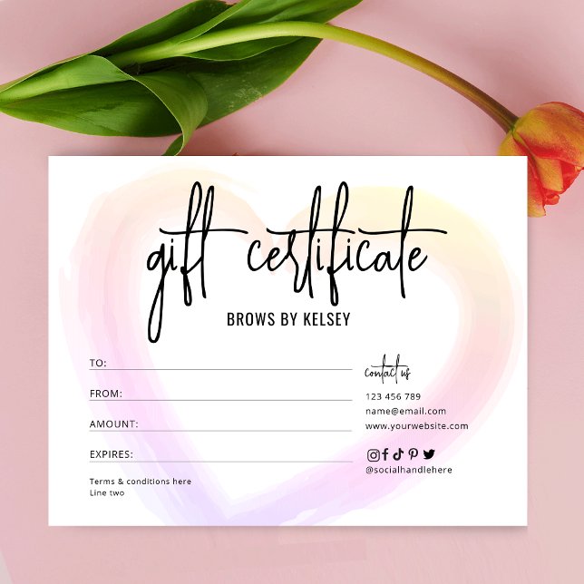 Carte Jolie aquarelle Coeur Valentines Bon cadeau (Girly business gift voucher with pastel rainbow colors watercolor heart design)