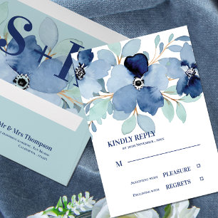 Carte Jolie aquarelle Stale Blue Floral Wedding RSVP