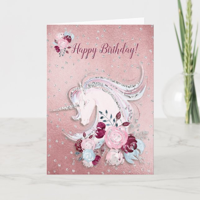 Carte Jolie aquarelle Unicorn rose et argent Accents (Devant)
