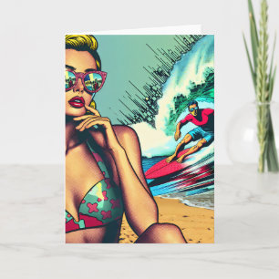 Carte Jolie Blonde Rétro Femme et Surfer Guy