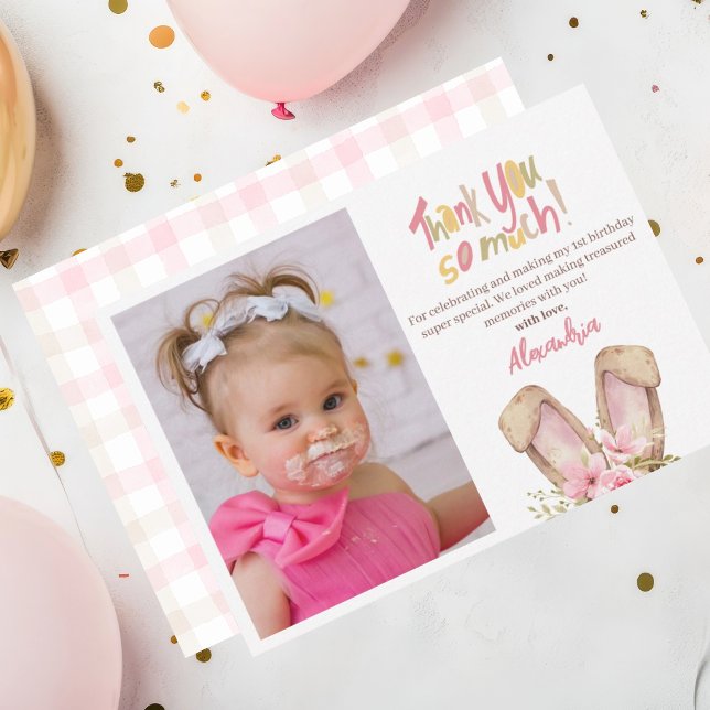 Carte Jolie Bunny rose fille Merci Anniversaire (Cute Bunny Girl's Thank You Card. Easy to personalize photo and message.)