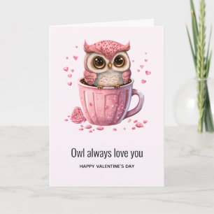 Carte Jolie chouette rose dans une tasse pour la Saint-V