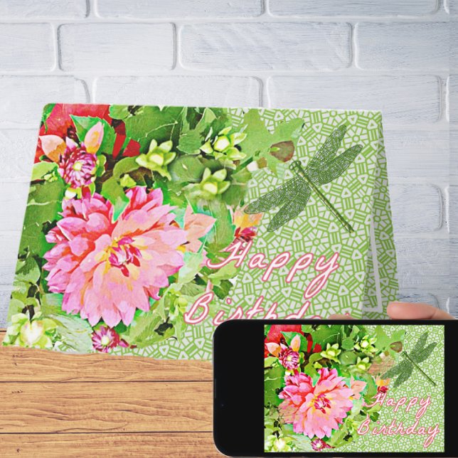 Carte Jolie Dahlia Blooms et Dragonfly Joyeux anniversai (Créateur téléchargé)