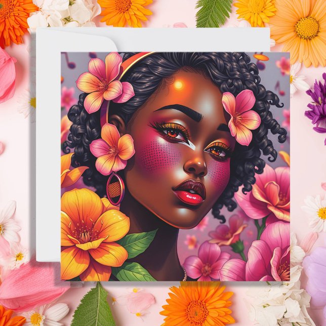 Carte Jolie Dame de Couleur Fleurs Roses Personnalisées (Créateur téléchargé)
