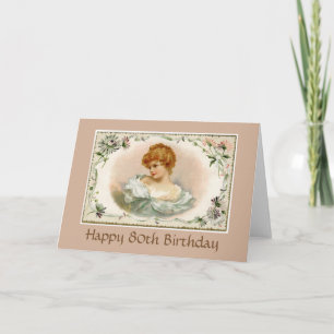 Carte Jolie dame victorienne Floral 80e Anniversaire Car