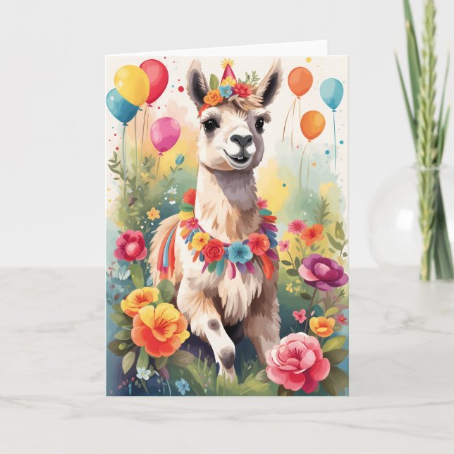 Carte Jolie et joyeuse Llama en plein air célébrant | Ca (Devant)