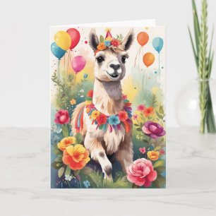 Carte Jolie et joyeuse Llama en plein air célébrant   Ca