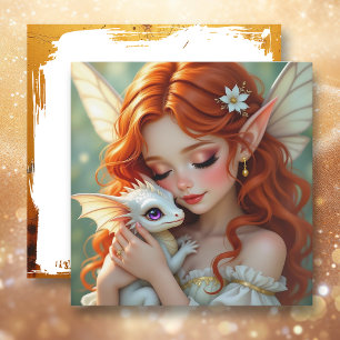 Carte Jolie fée aux cheveux roux avec dragon
