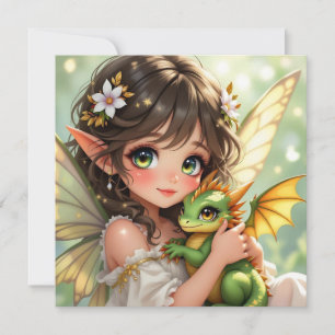 Carte Jolie fée d'anime et dragon Chibi
