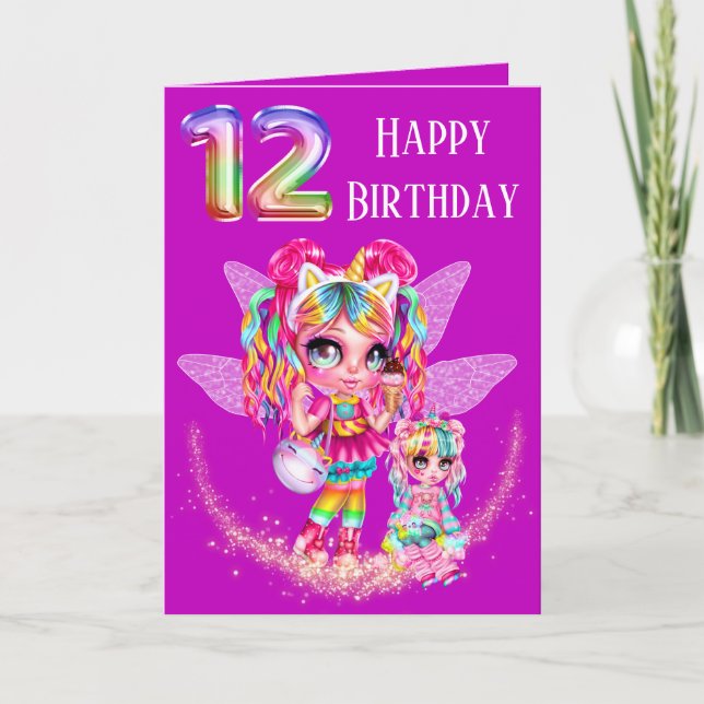 Carte Jolie fée douzième anniversaire arc-en-ciel magie  (Devant)