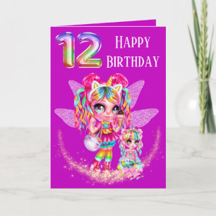 Carte Jolie fée douzième anniversaire arc-en-ciel magie