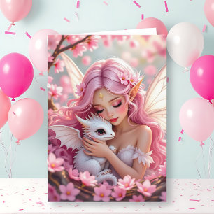 Carte Jolie Fée Elfe Rose & Dragon Joyeux Anniversaire