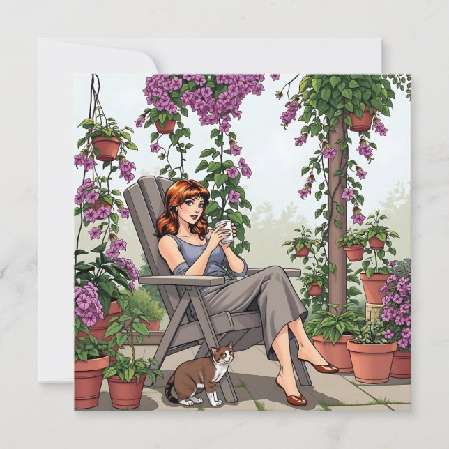 Carte Jolie femme buvant du café, son chien et Plantes (Devant)