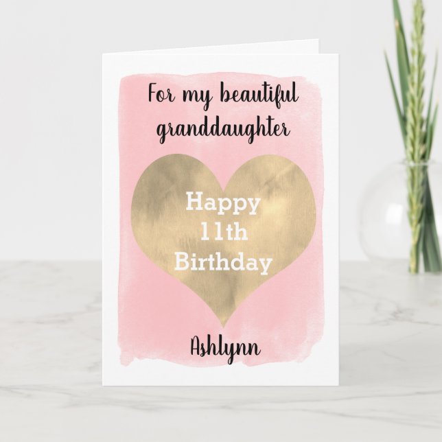 Carte Jolie fille 11e anniversaire rose et or (Devant)