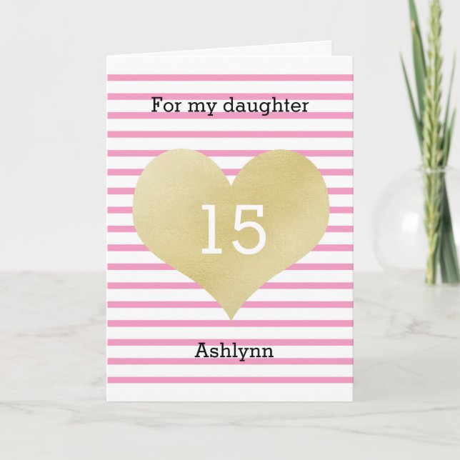 Carte Jolie fille 15e anniversaire rose et or joyeux (Devant)