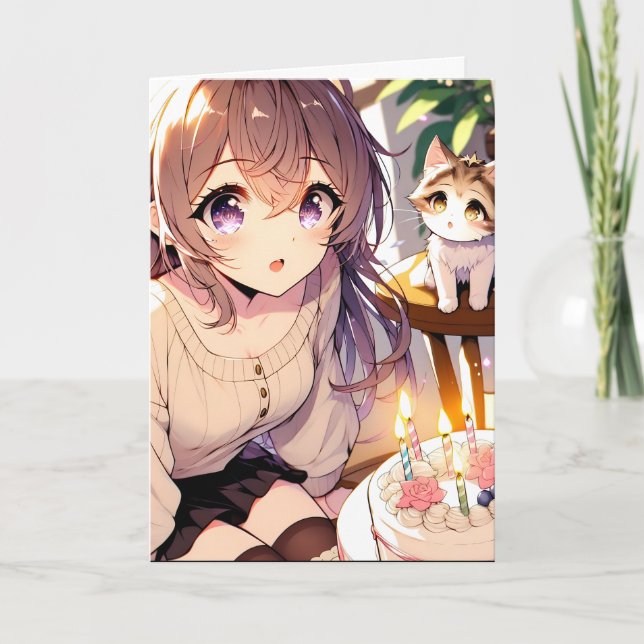 Carte Jolie fille Anime avec Kitten et gâteau d'annivers (Devant)