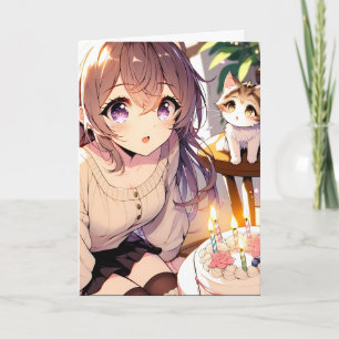 Carte Jolie fille Anime avec Kitten et gâteau d'annivers
