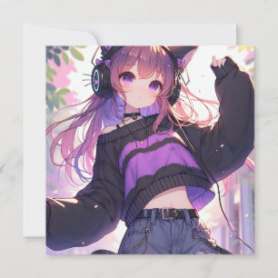 Carte Jolie fille Anime dans casque avec oreilles de cha