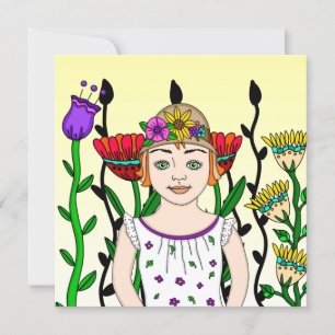 Carte Jolie fille avec Arrière - plan floral