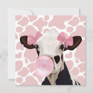 Carte Jolie fille Bubblegum rose soufflant vache