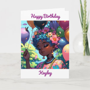 Carte Jolie fille d'Anime Noir avec ballons d'anniversai
