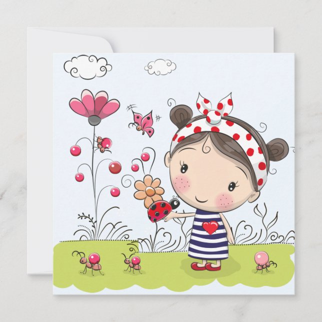 Carte Jolie fille en dessin animé avec Ladybug dans la s (Devant)